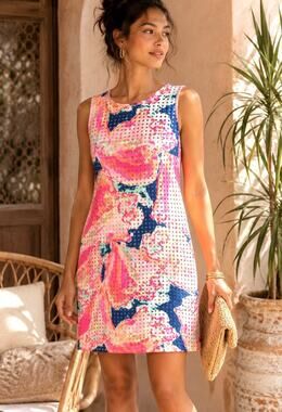 Lilly Pulitzer M Perla Shift Dress Neon Pink Floral Print Lined Stretch Resort